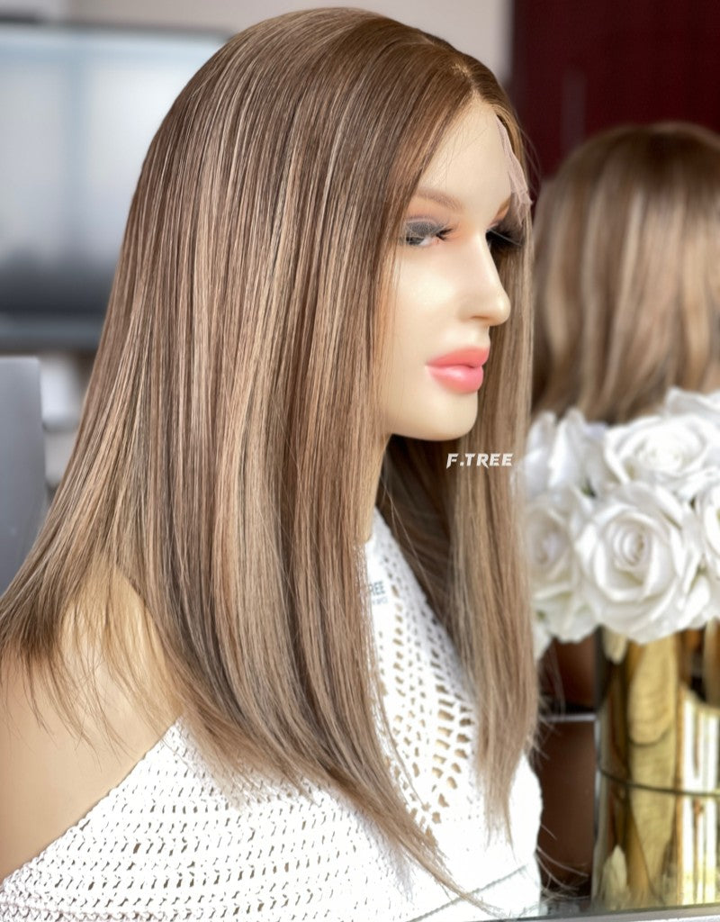 #4/8/12 Brown Highlights Color 17inch Super Slight Layer HD Lace Top Wig
