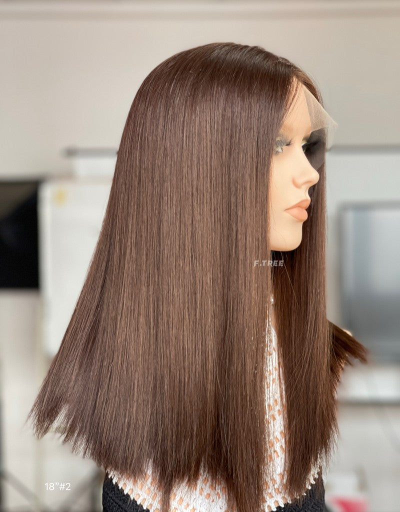 #2 Brown Color 18 inch Super Slight Layer HD Lace Top Jewish Wig