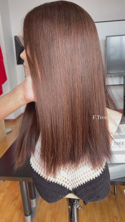 #2 Brown Color 18 inch Super Slight Layer HD Lace Top Jewish Wig
